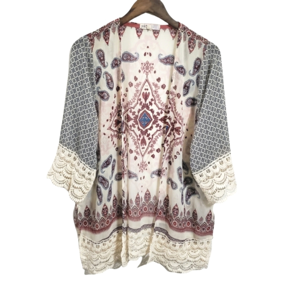 Jolt Print Boho Kimono With Cotton Lace Trim Top Shirt Size Medium
